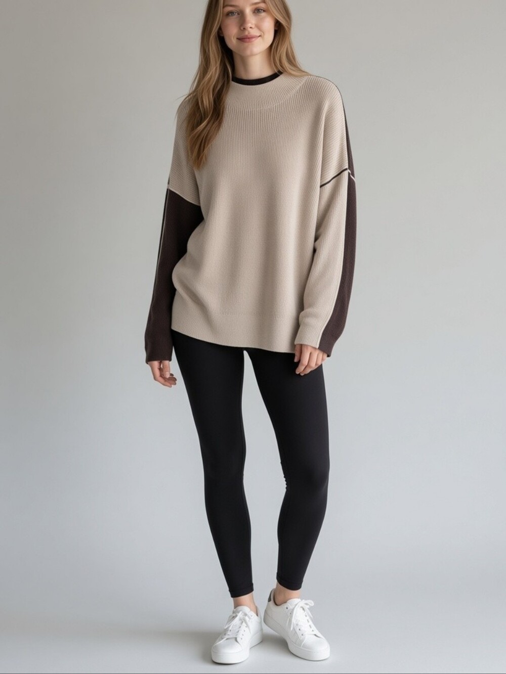 J.Jill Colorblock 2X Plus Size Ribbed Mock Neck Sweater Beige Brown Knit Cozy